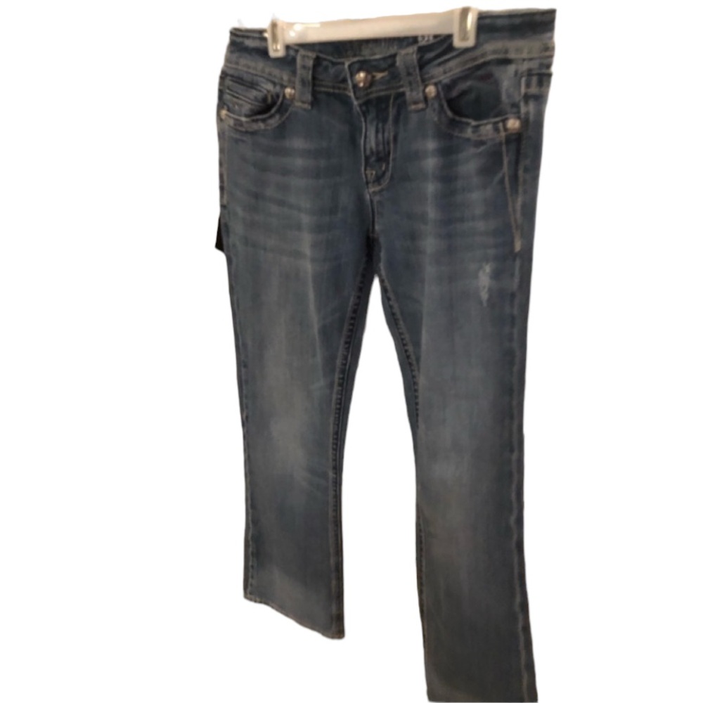 Miss Me size 31 blue skinny bootcut jeans embroidered fleur de lis pocket